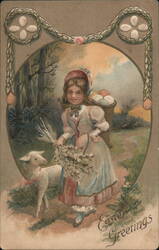 Little Girl with Lamb & Pussy Willows, Easter Greetings Postcard