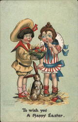 Children with Easter Bunny and Eggs - Vintage Easter Postcard Postcard