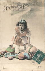 Little Girl with Easter Eggs - France - Vintage French Postcard Postcard
