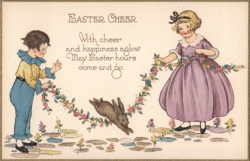 Easter Cheer, Children & Bunny with Flower Garland, Vintage Illustration Postcard