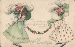 Two Girls with Easter Bonnets and Garland - Vintage Easter Greeting Postcard
