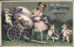 Happy Easter Girl with Giant Egg, Bunnies & Violets - Antique Postcard Postcard