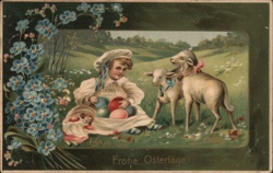 Easter Girl with Lambs, Colorful Eggs, Doll, Frohe Ostertage Postcard