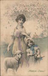 Woman & Child with Lamb, Easter Greeting, Leveloz Postcard