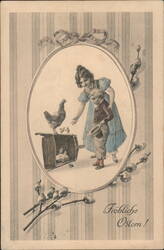Antique Easter Postcard, Children with Chicks, Froliche Ostern Postcard