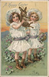 Two Girls with Bunny, Violets, and Basket - Dayton, Ohio - Easter Postcard