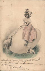 Easter Greetings: Woman with Lambs on Giant Egg - Vintage Postcard Postcard