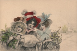 Three Women with Holly and Mistletoe, Winter Scene Postcard