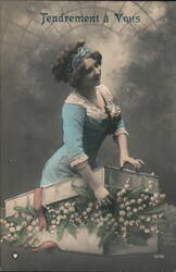 Woman in Blue Dress on Gift Box with Lily of the Valley, French Postcard Postcard