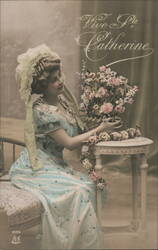 Woman in Blue Dress with Flowers, St. Catherine's Day Postcard Postcard