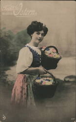 German Girl with Easter Baskets - Vintage Easter Postcard Postcard