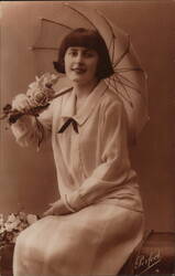 Woman with Parasol & Flowers, French Postcard Postcard