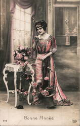 Happy New Year, Beautiful Woman with Roses, c. 1912 Postcard