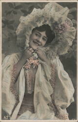 Smiling Woman in Bonnet & Frilly Dress Postcard