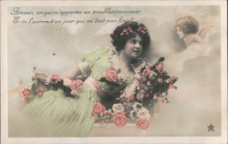Dreamy Woman with Roses & Cherub, Art Nouveau Postcard Postcard