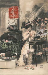 Woman Trying on Hats, Vintage French Postcard Postcard