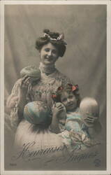 Mother & Daughter with Easter Eggs, Antique Postcard Postcard