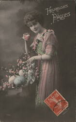 Woman with Easter Eggs and Flowers - French Postcard Postcard