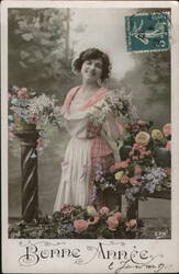 Woman with Flowers, Bonne Année Greeting, French Postcard Postcard