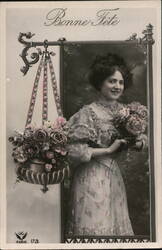 Woman with Roses, Bonne Fete Greeting, Embossed Frame Postcard