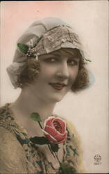 Beautiful Woman with Rose - Vintage Postcard Postcard