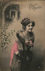 Happy New Year, Edwardian Lady in Pink with Fur Stole Postcard