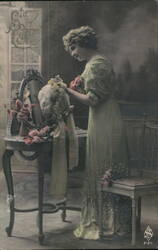 Woman in Green Dress with Hat, Vintage Postcard Postcard