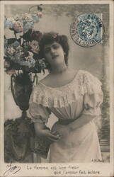 Woman with Flowers - French Postcard - c. 1900s Postcard