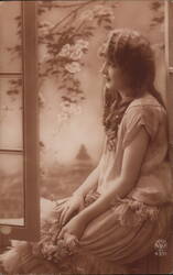 Young Woman at Window, French Postcard Postcard