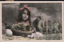 Little Girl with Chicks and Eggs, Joyeuses Pâques, French Easter Postcard Postcard