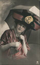 Woman with Parasol and Large Hat, Vintage Postcard Postcard
