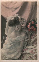 Beautiful Young Woman with Flowers and Veil, French Postcard Postcard