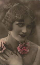Glamorous Woman with Rose, Sepia Portrait Postcard Postcard