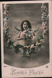 Little Girl with Easter Bells and Flowers, Bonne Pâques Postcard