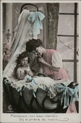 Mother Whispering to Baby in Cradle, Vintage Postcard Postcard