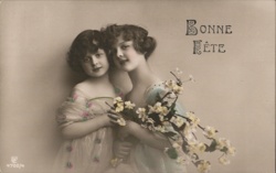 Two Girls with Flowers, Bonne Fête Greeting Postcard