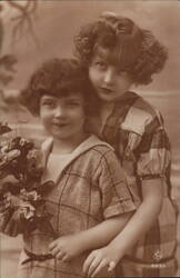 Two Girls with Flowers - Vintage Portrait Postcard Postcard