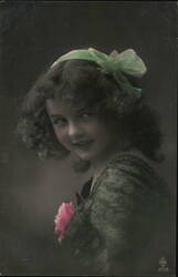 Smiling Girl with Green Bow & Pink Corsage, Portrait Postcard Postcard