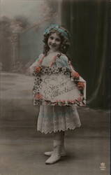 Girl with "Sincere Affection" Sign, Lace Dress, Blue Bow Postcard