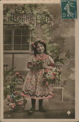 Girl with Flower Baskets, Bonne Fete French Postcard Postcard
