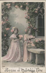 Two Girls with Roses, Bonne et Heureuse Fête Postcard Postcard