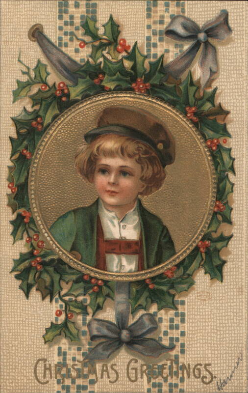 Boy in Cap with Holly and Bats, Christmas Greetings