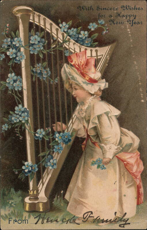 Young Girl Playing Harp with Forget-Me-Nots, Happy New Year