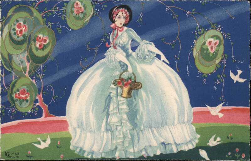 Elegant Woman in White Gown with Basket of Roses Women