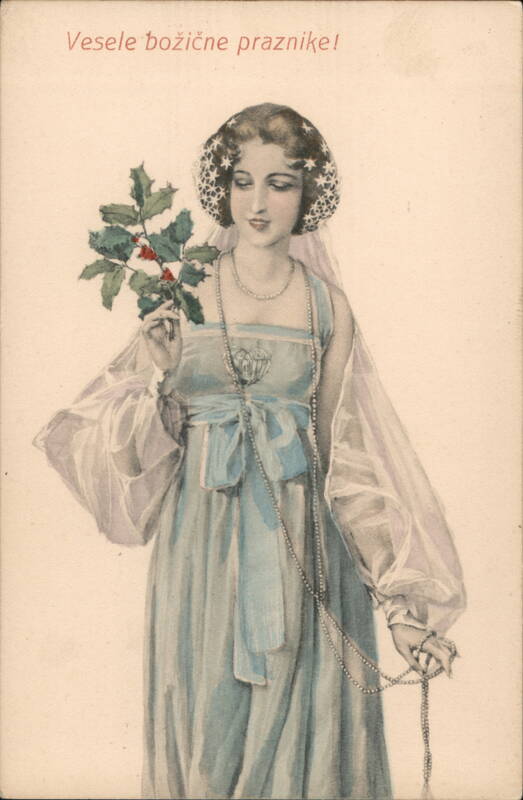 Woman in Blue Dress with Holly Sprig - Merry Christmas