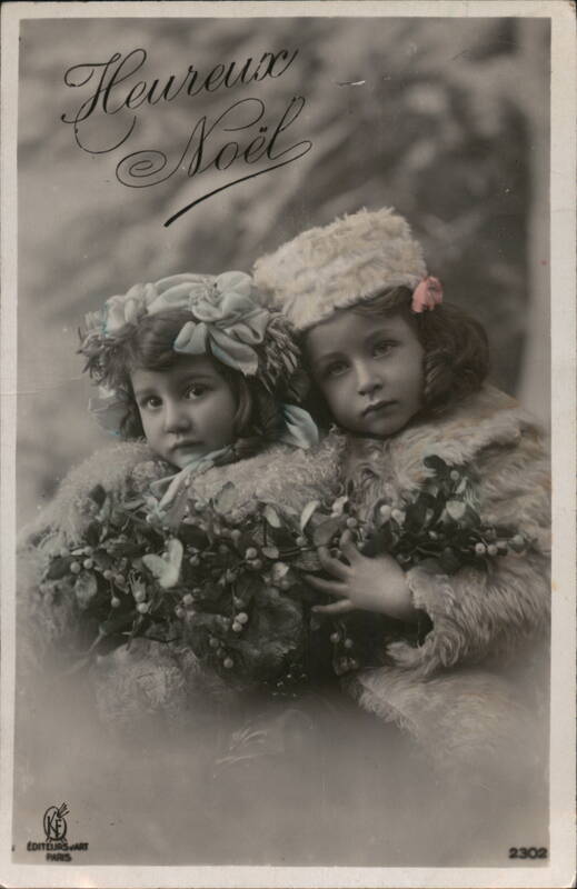 Two Girls in Fur Coats with Holly, French Christmas Greeting