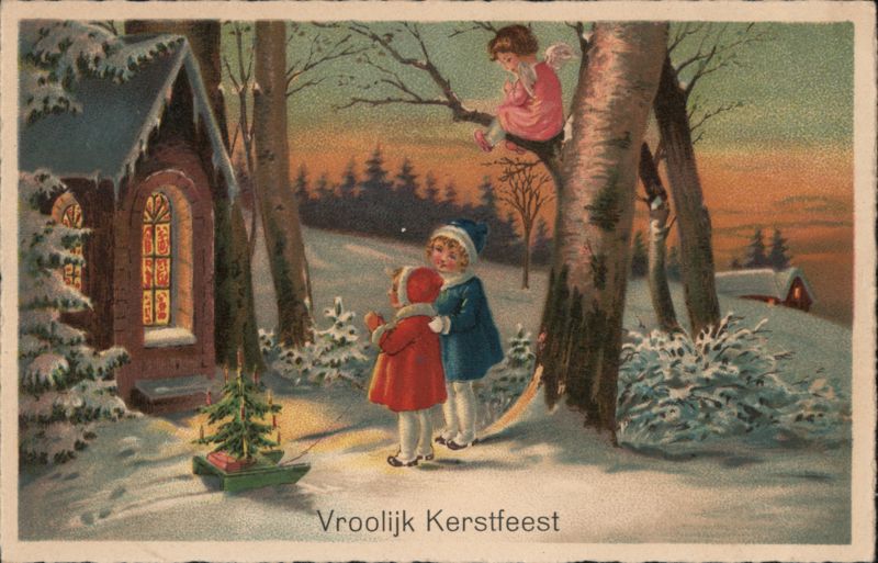 Children by a Candlelit Chapel, Christmas Eve Scene