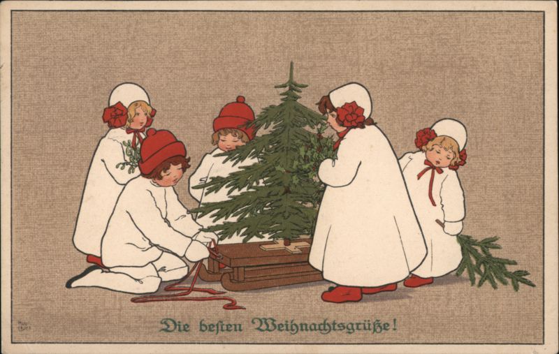 Children with Christmas Tree on Sled, German Holiday Greeting