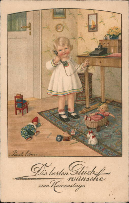 Little Girl on the Phone, Vintage German Name Day Postcard