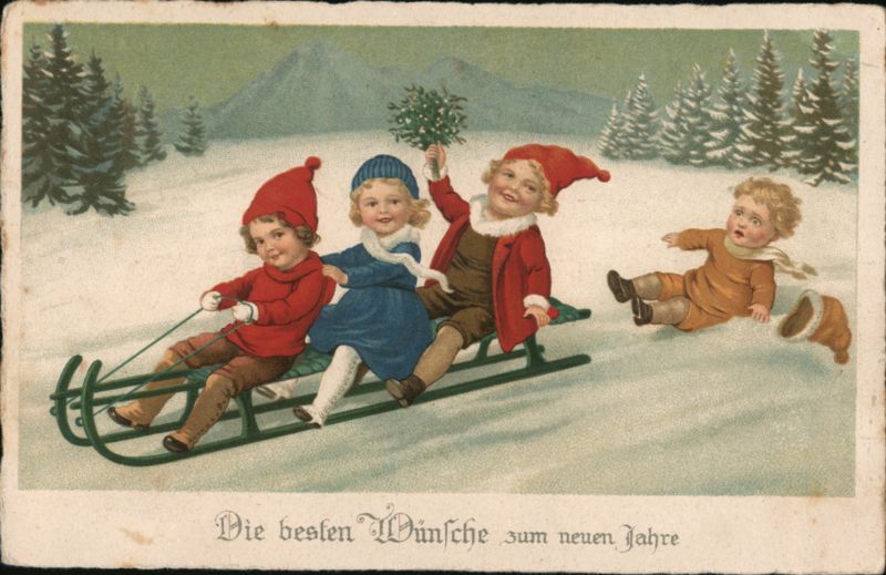 Children Sledding Downhill, Winter Holiday Scene